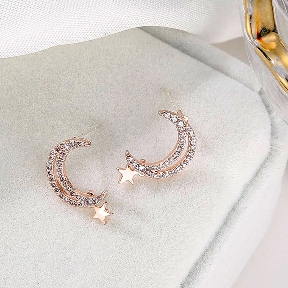 Rose Gold/Crystal Pave Half Moon/Star Earrings - Picture 4 of 6